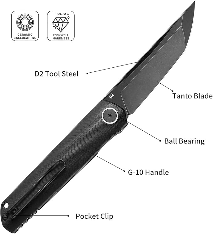 Miki Pocket Samurai Folding Knife G10 Handle Tanto w/ D2 Plain Blade Outdoor Camping Hiking Knife Fishing And Everyday Carry nique Tool Gift for EDC Men Women (Black-B)