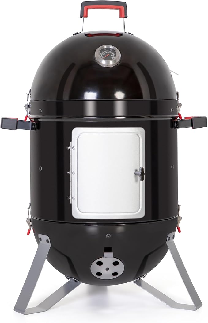 Captiva Designs 18-inch Vertical Charcoal Smoker Grill with Porcelain-Enameled Smoking Chamber Wood Mountain Smoker for Meat Turkey and BBQ with Built-in Thermometer
