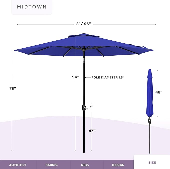 Midtown Umbrellas - 10-Year-No-Fade 8 Ft Patio Umbrella with Terylast Fabric Auto-Tilt Aluminum Frame and 8 Reinforced Ribs for Deck Pool Garden &amp Beach - Royal Blue Canopy Black Pole