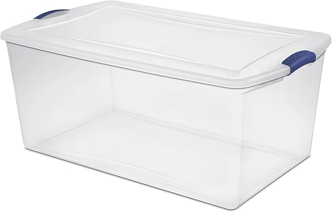 105 Qt. Plastic Storage Bin with Durable Lid Stackable and Nestable Clear Tote Container Featuring Blue Buckles Ideal for Organization and Storage Purposes (1-Pack)
