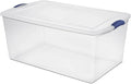 105 Qt. Plastic Storage Bin with Durable Lid Stackable and Nestable Clear Tote Container Featuring Blue Buckles Ideal for Organization and Storage Purposes (1-Pack)