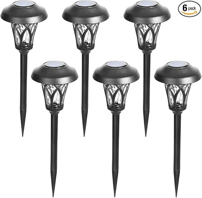 GIGALUMI 6 Pack Solar Pathway Lights Outdoor Metal Glass &amp ABS Solar Landscape Lights Waterproof IP65 Warm White Solar Powered Garden Lights for Yard Patio Walkway Driveway (Black)
