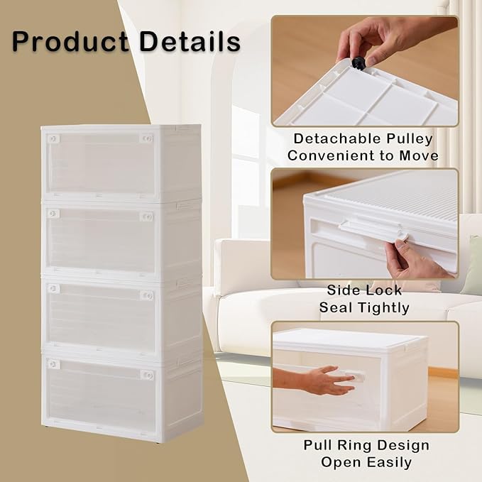 4-Tier 101QT Stackable Storage Bins with Lid Doors &amp Wheels Collapsible Plastic Organizer Bins for Closet Bedroom White
