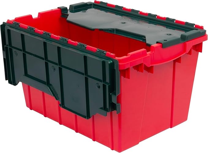 Akro-Mils KeepBox 12 Gallon Storage Container Nesting and Stackable Plastic Storage Box with Lid Attached Organizer Tote for Garages Closets and Moving 21-1/2 x 15 x 12-1/2 Red/Green