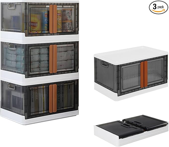 3 Pack 8.4 Gallon Collapsible Storage Boxes Lidded Storage Box with Door and Wheels for Books Towels and Clothes Folding Storage Box for Home White