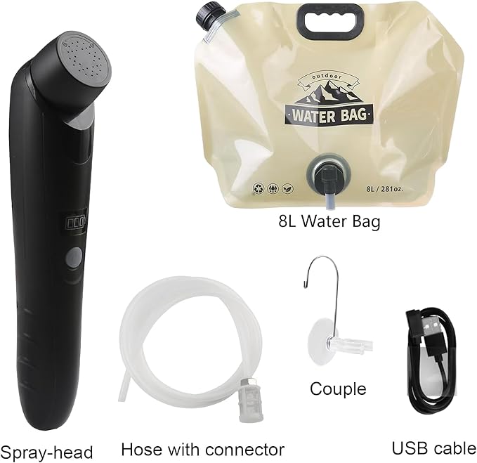 Portable Outdoor Shower Handheld Electric Shower+8L Water Bag IPX6 Waterproof USB Charging Compact and Lightweight Suitable for Outdoor Camping Beach Shower Hiking pet Bathroom