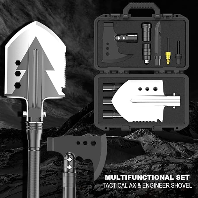 aiGear Camping Shovel Axe Outdoor Tactical Shovel Survival Tool Set with Multi Tools for Camping Hiking Backpacking Men Survival Gear Emergency（CSA-4232）