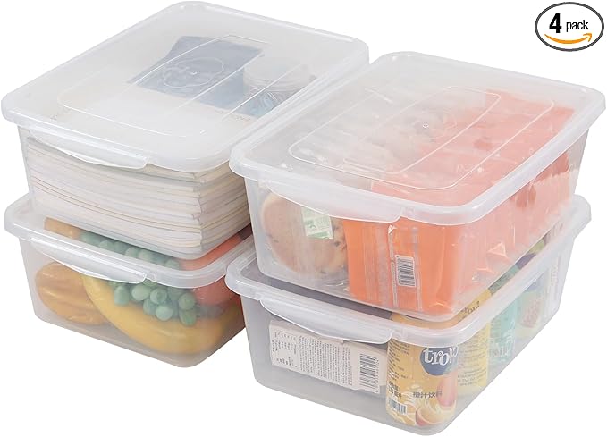 14 Quart Plastic Latching Storage Bin with Lid Clear Stackable Fridge Organizer Box 4 Packs