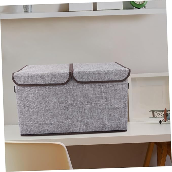 Levemolo Foldable Storage Bin Double Lids and Handles for Organizing Books Crafts Toys and More Grey Cotton Linen Storage Box for Home and Office Use