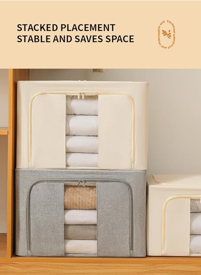 High Pure Cotton Foldable Storage Bin with Lid Inner Waterproof Film Thick Solid Steel Frame 2 Zipper &ampWindows.Container Organizer for ClothesQuilts Blankets Closet Cube (66 L)