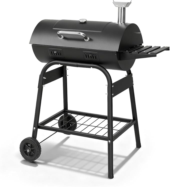 Outvita Barrel Charcoal Grill with Warming Rack Outdoor BBQ Grill with Side Front Table with Spacious Cooking Grid Area for Backyard Patio Picnic Parties Camping Black