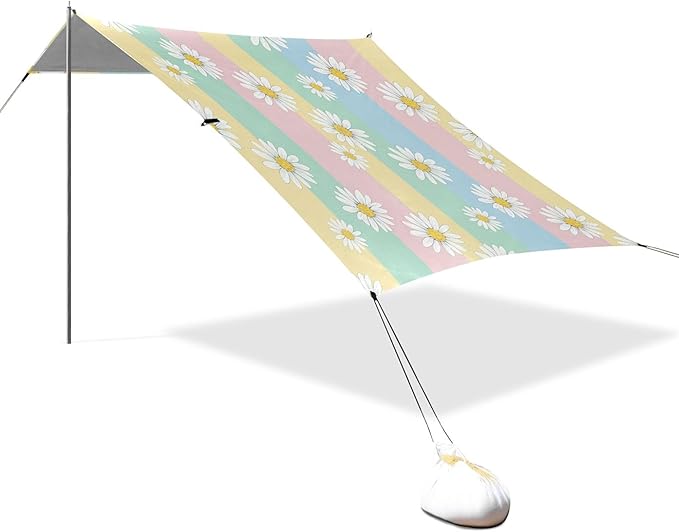 Daisy Beach Canopy Sun Shelter with Sandbags &amp Sand Shovel &amp Windproof Ropes - Portable 110x126 Beach Shade Beach Tent for Camping Picnics