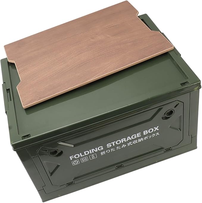 Dioche Camp KitchFolding Camping Storage Box with Wooden Lid - 50L Collapsible Container with Wheels for Easy Transport - Durable PP and MDF Material - Ideal for Camping Picnic and (OD Green)