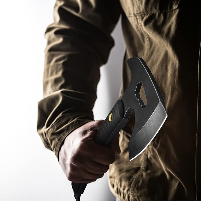 NedFoss Bison 9.8 Tactical Hatchet Axe Tomahawk Hatchet with Genuine Leather Sheath and G10 Handle Compact Camping Gear Bearded Axe Gifts for Men Multifunctional Survival Axe with Spike Tool