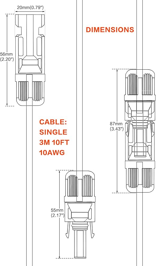 20Feet 10AWG Solar Extension Cable with Female &amp Male Connectors 6mm Solar Panel Weatherproof Wires for Solar Panels RV Marine Camper Ferry Black &amp Red PV Tinned Copper Extension Cord Kit