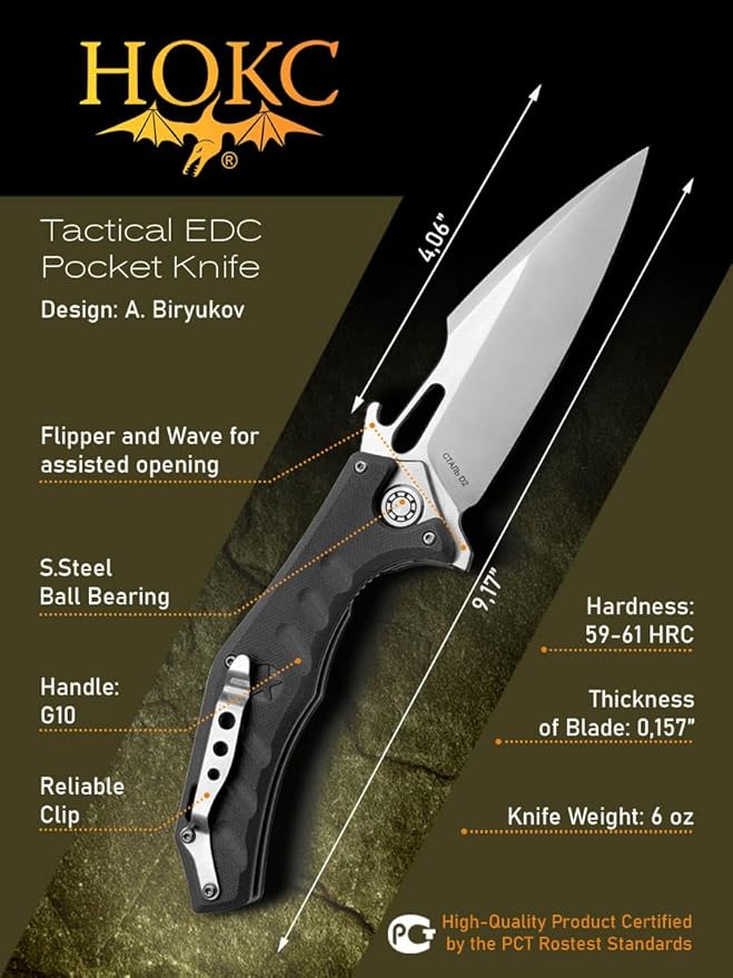 Mongoose-2C | 337-100406 | Black Gray Folding Pocket Knife by HOKC - D2 Stainless Tool Steel G10 Handle Ball Bearing Finger Flipper Wave Opener Liner Lock - Ideal for Hunting &amp EDC