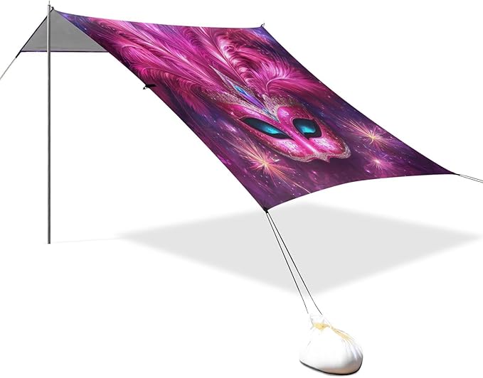 Carnival Masquerade Mask Mardi Gras Beach Tent Sun Shelter Set UPF50+ UV Protection 10.5 x 9.19 FT Camping Shade Canopy with Sandbags Sand Anchors Carrying Bag and Others