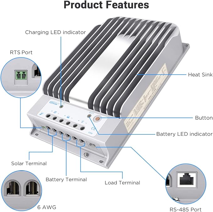 EPEVER MPPT Solar Charge Controller - 20A 12V/24V Auto Solar Panel Charge Controller with Max.PV 150V Remote Meter Temperature Sensor PC Monitoring Cable