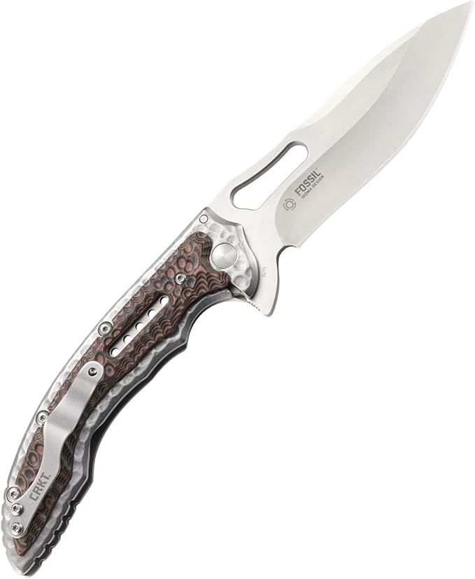 CRKT Fossil Folding Pocket Knife: Stainless Steel Plain Edge EDC Folder with Frame Lock Everyday Carry Folded Knife with Satin Blade Finish 5470 Silver brown grey