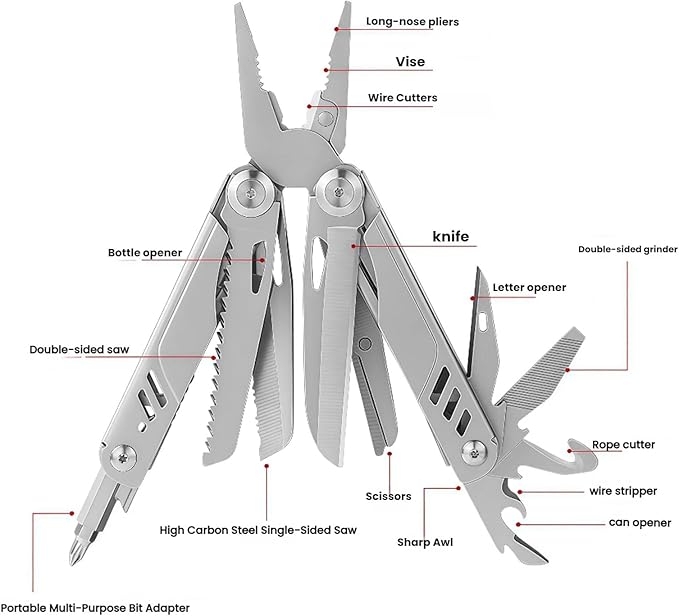 Multitool 15-in-1 Full-Size Lightweight EDC Multi-Purpose Pliers Folding Knife Camping Knives &amp Tools Men Gift Ideas Gifts for Hunters Men who have EverythingOutdoor Survival Gear (silver