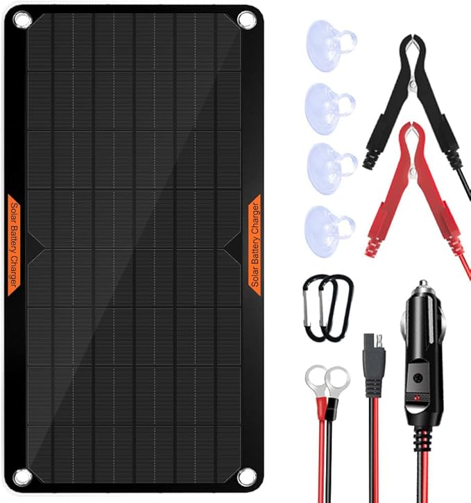 OYMSAE 10W 12V Solar Panel Car Battery Charger Portable Waterproof Power Trickle Battery Charger &amp Maintainer for Car Boat Automotive RV with Cigarette Lighter Plug &amp Alligator Clip