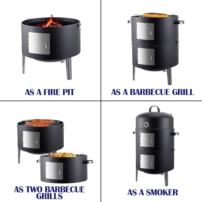 Realcook Vertical 17 Inch Steel Charcoal Smoker Heavy Duty Round BBQ Grill for Outdoor Cooking Black