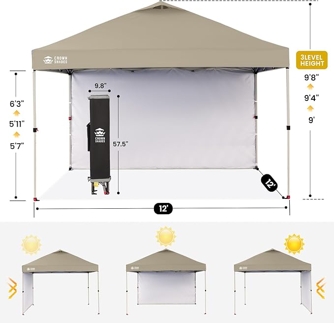 CROWN SHADES 12x12 Pop Up Canopy Tent Instant Commercial with 150D Silver Coated Fabric Including 1 Removable Sidewall 4 Ropes 8 Stakes Weight Bags STO 'N Go Bag Beige