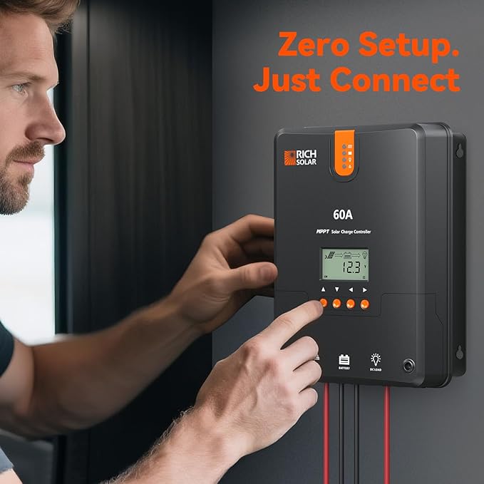 RICH SOLAR 60A MPPT Solar Charge Controller – High-Efficiency 12V/24V/36V/48V Auto Detection 99% Tracking Rugged Design for RVs Boats &amp Off-Grid Systems