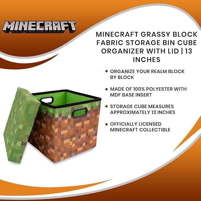 Minecraft Grassy Block 13-Inch Storage Bin Chest with Lid | Foldable Fabric Basket Container Cube Organizer with Handles Cubby for Shelves Closet | Home Decor Essentials Video Game Gifts