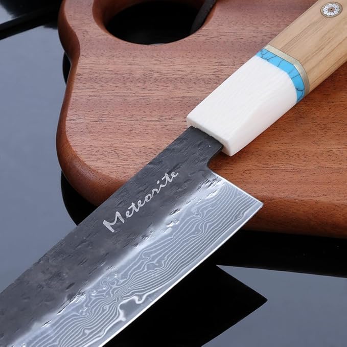 Meteorite Kiritsuke Japanese Multi-Task Knife For Slicing &amp Dicing Prep Hand-Hammered Midnight Damascus Convex Grind Edge Olive Wood Handle – Pro Gift IceRaven 8 Inch
