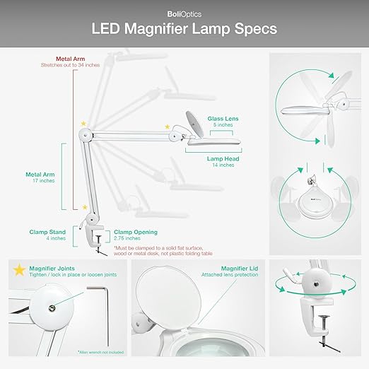 (5 inch Glass Lens) Professional LED Magnifying Lamp with Clamp Dimmable 1200 Lumens 5600K-6000K Daylight Bright 60 SMD LED Work Light Mounting Bracket Clamp (3 Diopter) BoliOptics MG16303121