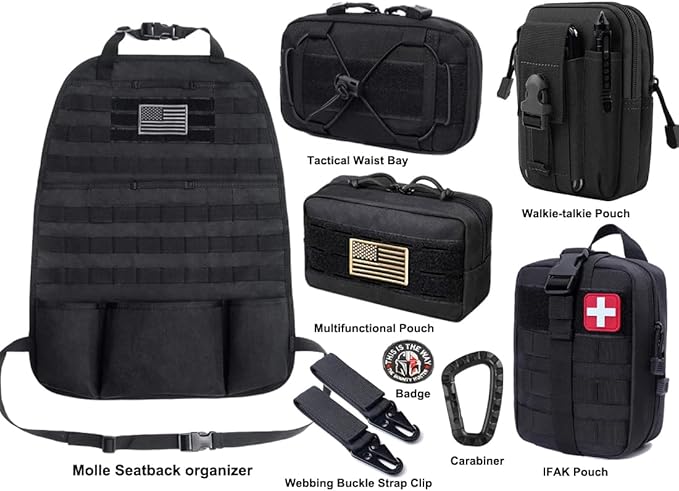 Molle Seat Back Organizer Tactical Car Seat Cover Organizer Panel with Pouches Molle Universal Vehicle Panel (Black)