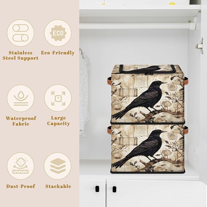 Halloween Crow Storage Bins with Lids Tree Collapsible Cube Storage Basket with Leather Handle Foldable Storage Box with Lids for Organizing Home Closet
