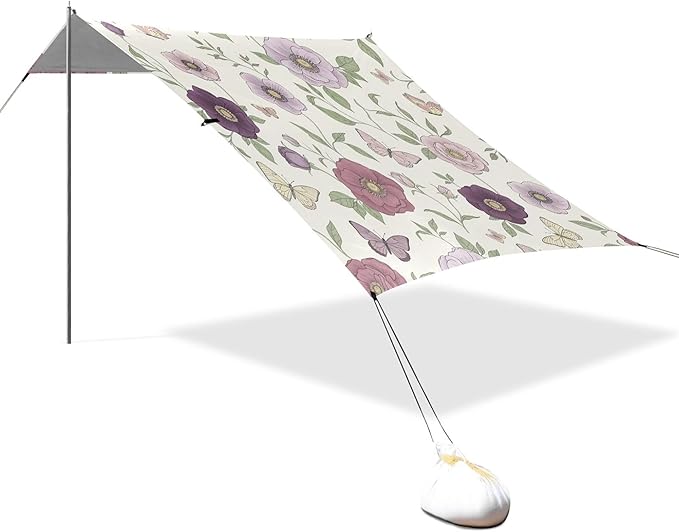 Wildflowers Beach Canopy Sun Shelter with Sandbags &amp Sand Shovel &amp Windproof Ropes - Portable 110x126 Beach Shade Beach Tent for Camping Picnics