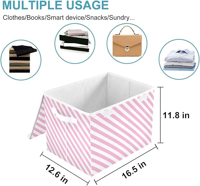 CaTaKu Pink Stripes Storage Bins with Lids and Handles Fabric Large Storage Container Cube Basket with Lid Decorative Storage Boxes for Organizing Clothes