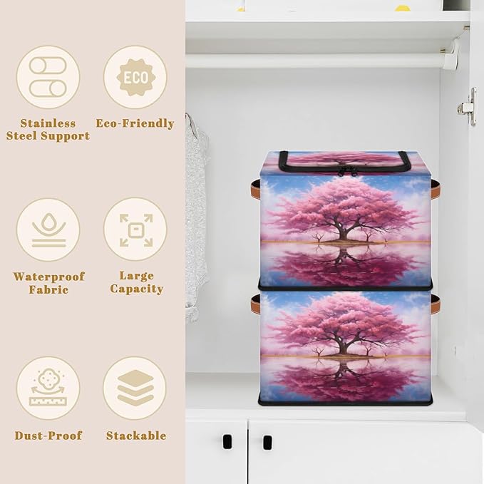 KOBLEN Pink Peach Tree Pattern Storage Basket Collapsible Rectangular Storage Bins with Zipper Lid Handle Closet Shelf Cloth Organizer Basket for Nursery Bedroom Clothes Toy