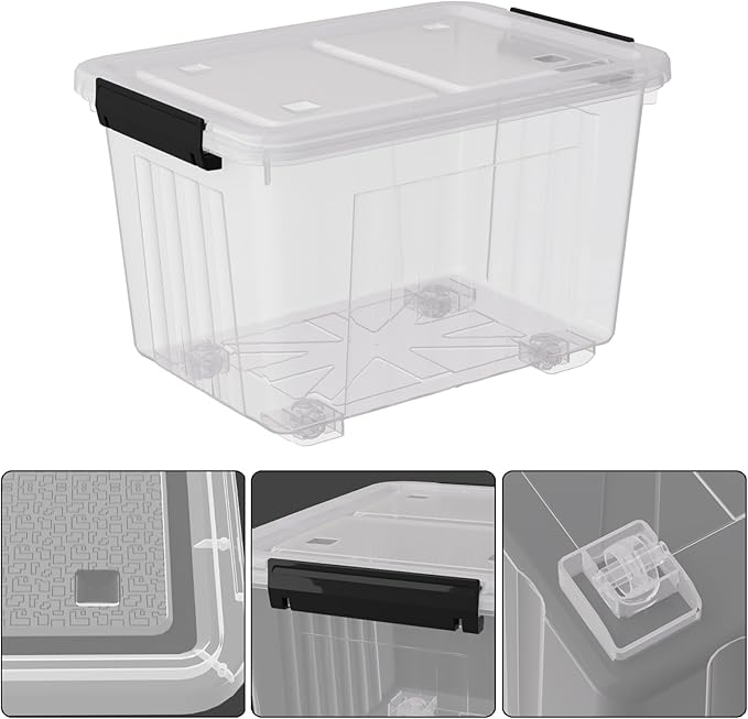 4-Pack 30 Liter Clear Latch Storage Box Large Plastic Storage Bins with Wheels