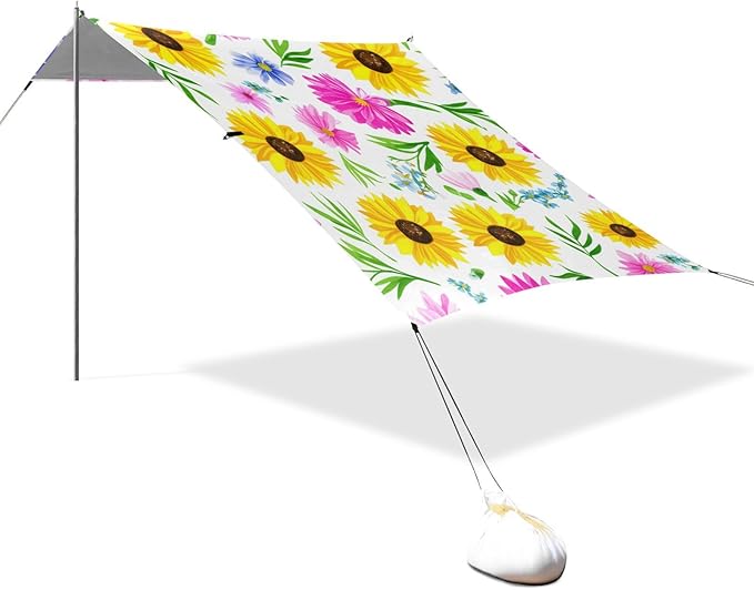 Beach Canopy with Windproof Ropes &amp Sandbags Beach Tent Sun Shade Sun Shelter for Camping Trips Fishing Backyard Fun or Picnics Sunflowers