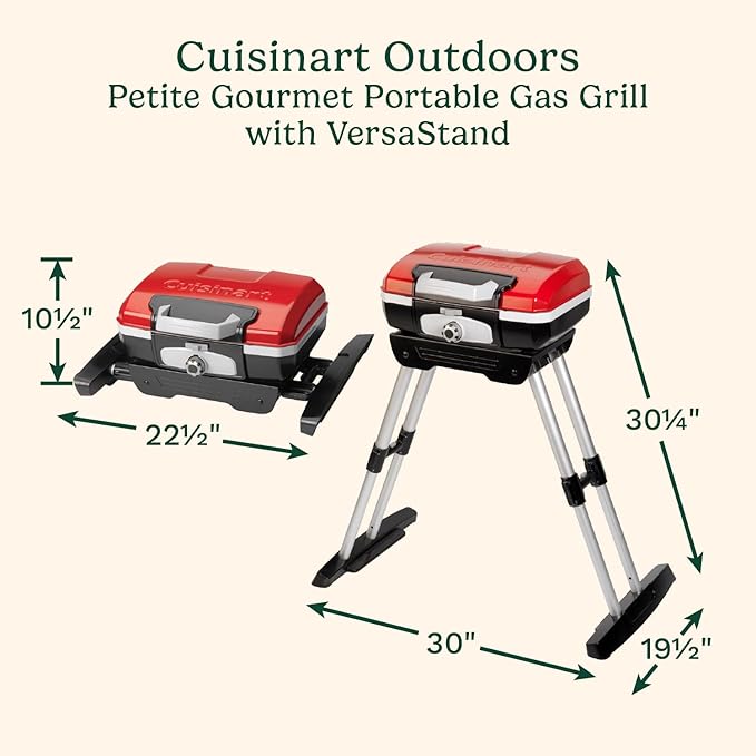 Cuisinart Petite Gourmet Portable Gas Grill with VersaStand Compact Portable Grill Propane 150 Sq. In. Cooking Surface 5500 BTU Burner Small Gas Grills for Camping BBQ Adjustable Base Handles