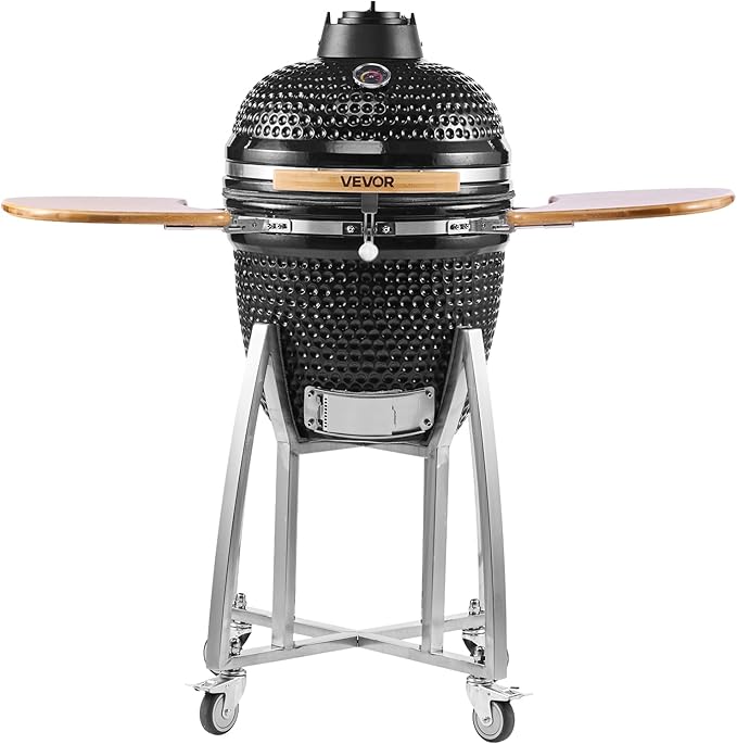 VEVOR Charcoal Smoker and Grill 18 Kamado Charcoal BBQ Smoker Movable Ceramic Barbecue Grill with 4 Wheels (2 Lockable) Built-in Thermometer Air Vents &amp Side Shelf for Outdoor Patio Yard Cook