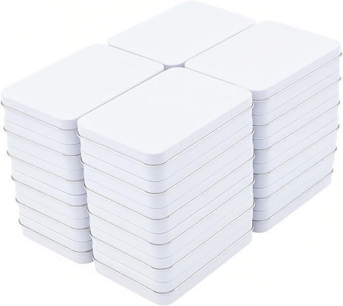 Goodma 24 Pieces Rectangular Metal Empty Hinged Tins Containers Basic Necessities Home Storage Organizer Mini Box Set 4.5 x 3.3 x 0.9 inch (White)