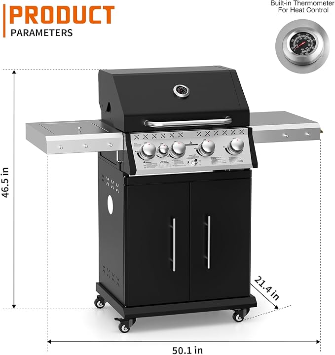 SKOK 4 Burner Propane Gas Grill with Infrared Side and Rear Burners Outdoor BBQ Grill with Cast Iron Grates Barbecue Grill with Wheels 60000BTU Output