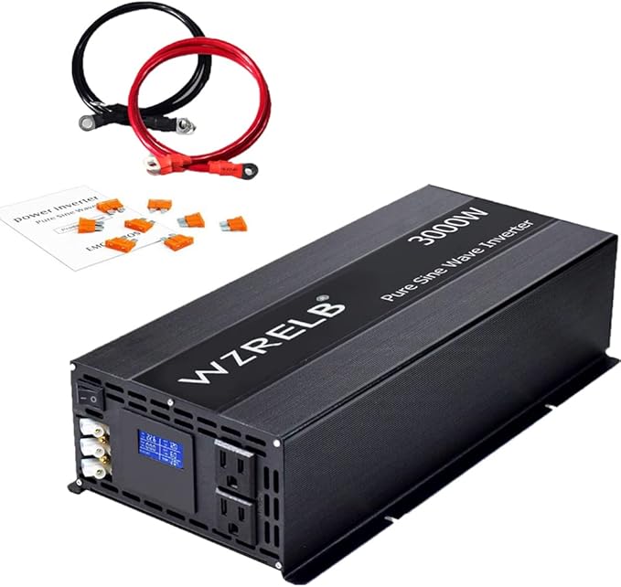 WZRELB Pure Sine Wave Inverter 3000W 24VDC to 120VAC Solar Power Peak 6000W Converter Truck RV Home LCD Display Black (LN300024)