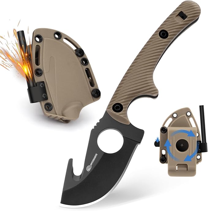 Small Hunting Knife HO-YN Compact Fixed Blade Knife with Gut Hook Rotating Clip &amp Whistle for Fishing &amp Outdoor (Khaki)