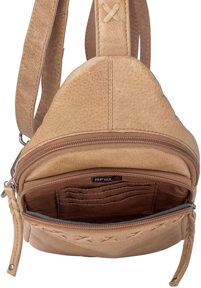 Lady Conceal Taylor Leather Unisex Tactical Gun Holster Sling Backpack - Medium Frame Handgun -Two locking concealment pockets with Locking Zippers and Universal Holster - 7 L x 12 H x 3.5 D