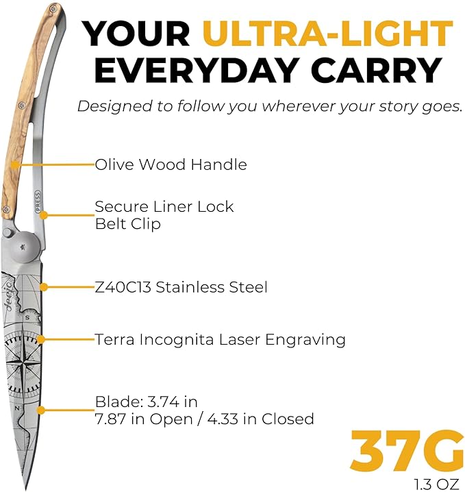 deejo - 37G Folding Pocket Knife with Belt Clip - Terra Incognita Design 3.7-Inch Stainless Steel Blade Olive Wood Handle - Lightweight Everyday Carry for Home Work and Outdoor Use