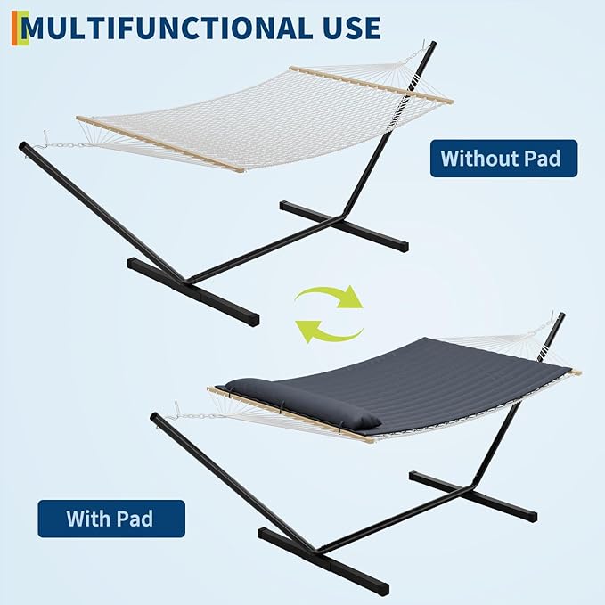 Double Hammock with Stand for 2 Adults - Heavy Duty 475 Lbs Capacity - Portable Hammock Set w/Breathable Cotton Rope &amp Quilted Pad - Backyard Camping Indoor or Outdoor Use (Black)