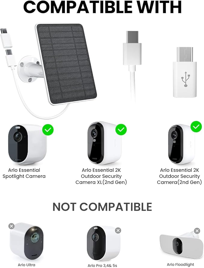 5W Solar Panel Charger Compatible with Arlo Essential 2K Outdoor Camera(2nd Gen)/Essential Outdoor XL(2nd Gen)/Essential Spotlight IP65 Waterproof 10ft USB-C &amp Micro USB Cable &amp Wall Mount 4