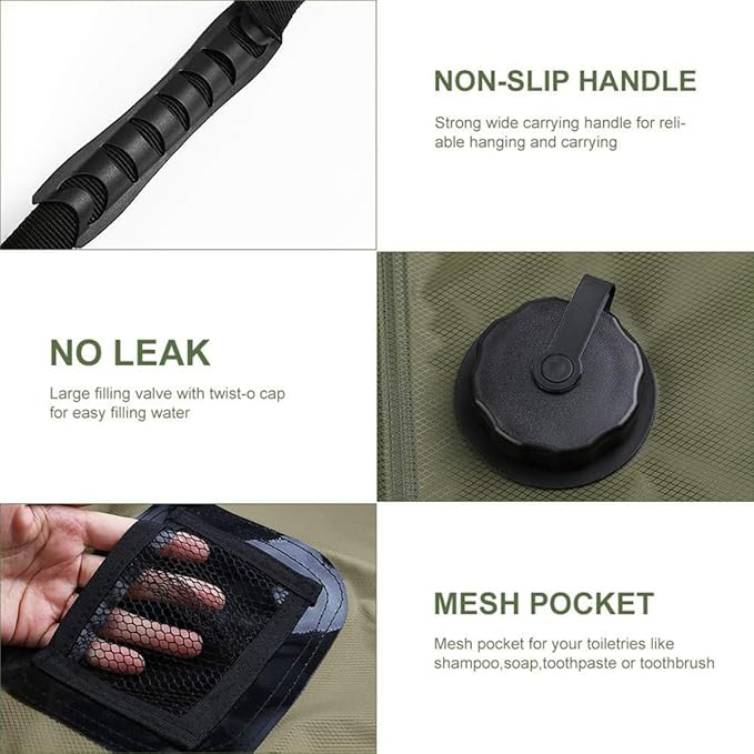 VICASKY Solar Shower Bag Shower Nozzle Portable Outdoor Hiking Water Storage for Camping Beach and Travel Olive Green Easy to Use Folds for Storage