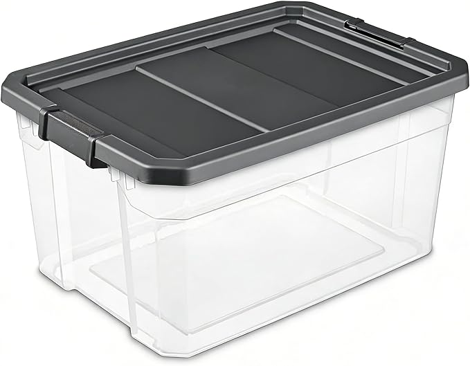 76 Quart Heavy-Duty Stacker Box – Clear Plastic Storage Bin with Secure Latch Lid Ideal for Home Garage Closet &amp Basement Organization Dark Gray (1)